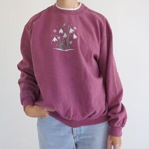 Vintage Top Stitch Mauve Snowflake Floral Embroidered Cotton Blend Sweatshirt L